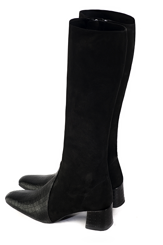 Satin black feminine knee high boots. Square toe. Medium block heels. Model Stan Soho